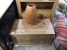 SOLID OAK STORAGE TOY BOX WITH TOYS TO INCLUDE BAMBOO WOVEN TABLE LAMP (COLLECTION OR OPTIONAL DELIVERY)