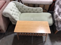 LEFT HAND LIME GREEN FABRIC CHAISE LOUNGE TO INCLUDE LIGHT OAK COFFEE TABLE WITH STORAGE SHELF (COLLECTION OR OPTIONAL DELIVERY)
