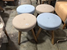 2 X GREY FABRIC ROUND UPHOLSTERED FOOT/SEAT STOOLS TO INCLUDE 2 X LIGHT BLUE ROUND UPHOLSTERED FOOT/SEAT STOOLS (COLLECTION OR OPTIONAL DELIVERY)