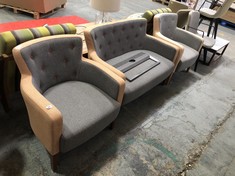 2 SEATER GREY/PEACH FABRIC SOFA WITH BUTTON EFFECT TO INCLUDE 2 X GREY/PEACH FABRIC ARMCHAIRS WITH BUTTON EFFECT (COLLECTION OR OPTIONAL DELIVERY) (KERBSIDE PALLET DELIVERY)