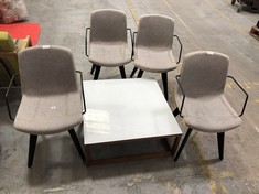 4 X GREY/OATMEAL FABRIC DINING CHAIRS WITH BLACK LEGS/ARMS TO INCLUDE WHITE SQUARE GLASS TOP COFFEE TABLE WITH BROWN FRAME (COLLECTION OR OPTIONAL DELIVERY)