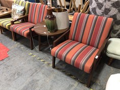 2 X ORANGE/RED STRIPE UPHOLSTERED FABRIC ARMCHAIRS WITH DARK WOOD LEGS/ARMS TO INCLUDE DARK WOOD ROUND COFFEE/SIDE TABLE (ACCESSORIES INCLUDED) (COLLECTION OR OPTIONAL DELIVERY) (KERBSIDE PALLET DELI