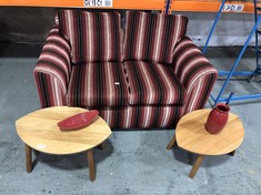 RED/BLACK STRIPE UPHOLSTERED FABRIC 2 SEATER SOFA TO INCLUDE 2 X LIGHT OAK LEAF SHAPE SIDE TABLES (ACCESSORIES INCLUDED) (COLLECTION OR OPTIONAL DELIVERY)