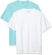QTY OF ITEMS TO INLCUDE ASSORTED CLOTHING TO INCLUDE ESSENTIALS MEN'S REGULAR-FIT SHORT-SLEEVE CREWNECK T-SHIRT, PACK OF 2, AQUA BLUE/WHITE, M, ESSENTIALS BABY GIRLS' ORGANIC COTTON FOOTLESS COVERALL