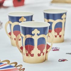 LARGE BOX OF ASSORTED PAPER CUPS AND PLATES TO INCLUDE GINGER RAY UNION JACK CORONATION PARTY PAPER CUPS-8 PACK. (DELIVERY ONLY)