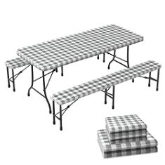 12 X VOUNOT SET OF 3 PICNIC BENCH COVERS ELASTIC OUTDOOR PICNIC WATERPROOF TABLECLOTH GREY-WHITE CHECKED. (DELIVERY ONLY)