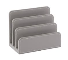 BOX OF ASSORTED STATIONARY TO INCLUDE OSCO GREY FAUX LEATHER LETTER HOLDER | MAIL SORTER | POST RACK | ENVELOPE ORGANISER | DOCUMENT STAND | DESK FILE STORAGE | DISPLAY SLOTS | H14 X W17.5 D10 CM |.