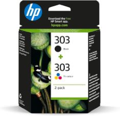 QTY OF ITEMS TO INLCUDE BOX OF 9 ASSORTED INKS TO INCLUDE HP 303 (3YM92AE) ORIGINAL PRINTER CARTRIDGES 2 COUNT (PACK OF 1) (1XBLACK, 1XCOLOR) FOR HP ENVY 6200, 7100, 7134,7220E,7221E,7224E,7800,7900E