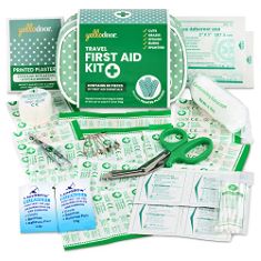 14 X 66 PIECE TRAVEL FIRST AID KIT - INCLUDES SCISSORS, BURNS GEL, WATERPROOF PLASTERS, CONFORMING BANDAGE, ANTISEPTIC WIPES AND SURGICAL TAPE. FOR HOME, WORKPLACE, OUTDOOR AND GYM. 100% VEGAN. (DELI