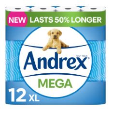 BOX OF ASSORTED CLEANING ITEMS TO INCLUDE ANDREX CLASSIC CLEAN MEGA TOILET ROLL - 12 MEGA XL - SAME QUALITY TOILET ROLL, LASTS EVEN LONGER, 12 MEGA TOILET ROLLS = 18 STANDARD ROLLS, PAPER, WHITE - 2-