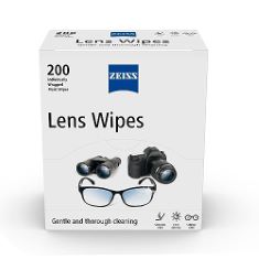 QTY OF ITEMS TO INLCUDE BOX OF APPROXIMATELY X30 ITEMS TO INCLUDE ZEISS LENS WIPES, LENS CLEANER FOR GLASSES, CAMERAS & BINOCULARS,INDIVIDUALLY PACKED SINGLE USE DISPOSABLE CLOTHS IN SACHETS, FOR HAN
