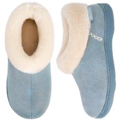10 X EVERFOAMS LADIES' MICRO SUEDE MEMORY FOAM SLIPPERS WITH FLUFFY FAUX FUR COLLAR AND INDOOR OUTDOOR RUBBER SOLE BLUE, SIZE 7-8 UK. (DELIVERY ONLY)