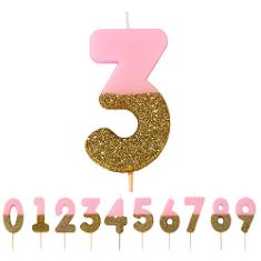100 X TALKING TABLES BDAY PINK NUMBER 3 THREE CANDLE WITH GOLD GLITTER | PREMIUM QUALITY CAKE TOPPER DECORATION | PRETTY, SPARKLY FOR KIDS, ADULTS, 30TH BIRTHDAY PARTY, ANNIVERSARY, MILESTONE AGE, WA