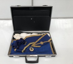 A MASONIC CASE WITH A RULE BOOK AND ASSORTED MASONIC REGALIA (DELIVERY ONLY)