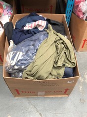 BOX OF ASSORTED ADULTS CLOTHING TO INCLUDE HUGO BOSS MEN'S T-SHIRT IN DARK GREEN OLIVE SIZE 3XL (DELIVERY ONLY)