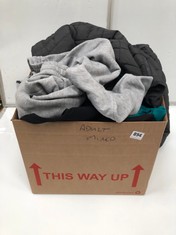 BOX OF ASSORTED ADULTS CLOTHING TO INCLUDE EASY WOMEN'S JOGGERS IN GREY SIZE XS (DELIVERY ONLY)