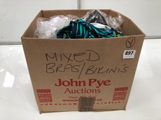 BOX OF ASSORTED SWIMWEAR TO INCLUDE JL WOMENS BIKINI TOP IN BLACK / GREEN SIZE 32F (DELIVERY ONLY)