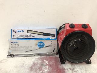 1X INDUSTRIAL FAN HEATER 1X TOPTECH HANDHELD TORCH,1X TOPTECH METAL LEVER BARREL PUMP AND AMETECH TORQUE WRENCH RRP-£130