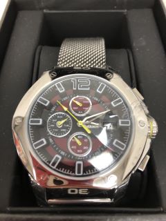 GAMAGES LONDON WATCH WITH BLACK/BURGUNDY FACE, SILVER DIAL AND SILVER STAINLESS STEEL STRAP