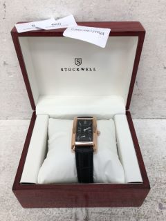 STOCKWELL WATCH WITH BLACK FACE, WHITE DIAL AND BLACK LEATHER STRAP