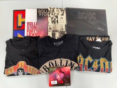 5 X VINYLS OF VARIOUS ARTISTS INCLUDING AC/DC, ROLLINGS STONES AND GUNS ROSES T-SHIRTS - LOCATION 6B.