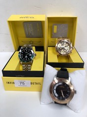 3 X INVICTA WATCHES VARIOUS MODELS INCLUDING MODEL 35680 (THE GOLD ONE IS MISSING A PIECE OF THE STRAP).