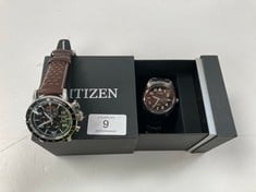 2 X CITIZEN WATCHES INCLUDING MODEL B612-S109701 BROWN AND SILVER (LOOSE STRAP ON ONE OF THEM).