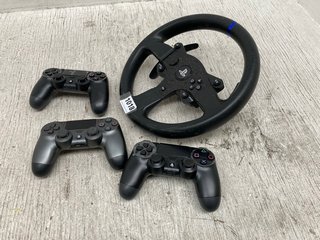 3X PS4 BLACK CONTROLLER TO INCLUDE PLAYSTATION THRUSTMASTER T300 RS GT RACING WHEEL: LOCATION - H13