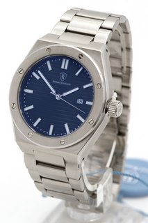 MENS BERNARD REINHARDT WATCH. FEATURING A BLUE DIAL, SILVER COLOURED BEZEL AND STAINLESS CASE, DATE, W/R 5ATM. SILVER COLOURED STAINLESS BRACELET. COMES WITH A WOODEN PRESENTATION CASE: LOCATION - E0