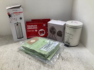 QTY OF ASSORTED ITEMS TO INCLUDE SMALL CREAM PEDAL BIN WITH BLACK DETAIL & RECHARGEABLE FAN: LOCATION - J14