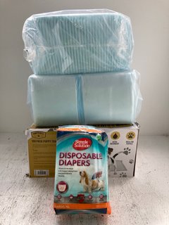 QTY OF ASSORTED ITEMS TO INCLUDE SIMPLE SOLUTION DISPOSABLE DIAPERS FOR DOGS: LOCATION - I16