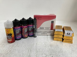 QTY OF ASSORTED VAPES ITEMS TO INCLUDE GOLD MARY VAPE MR BLUE AND DEVILS TONIC ARCHANGEL VAPE LIQUID (PLEASE NOTE: 18+YEARS ONLY. ID MAY BE REQUIRED): LOCATION - J3