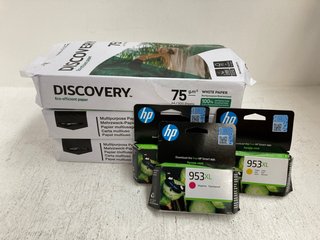 QTY OF ASSORTED ITEMS TO INCLUDE HP 953XL INK CARTRIDGE AND DISCOVERY A4 PAPER: LOCATION - J3