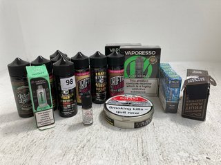 QTY OF ASSORTED VAPES ITEMS TO INCLUDE GRAND CUTTWOOD RESERVE HONEYDEW WATERMELON ICE VAPE JUICE AND VAPORESSO 80W POD MOD (PLEASE NOTE: 18+YEARS ONLY. ID MAY BE REQUIRED): LOCATION - J5