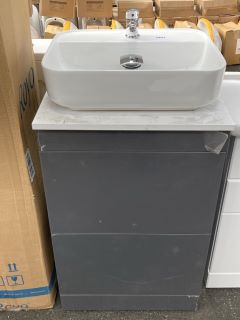 (COLLECTION ONLY) FLOOR STANDING 2 DRAWER COUNTERTOP SINK UNIT IN GLOSS GREY & WHITE 550 X 490MM WITH 1TH CERAMIC BASIN COMPLETE WITH MONO BASIN MIXER TAP & CHROME SPRUING WASTE - RRP £710: LOCATION