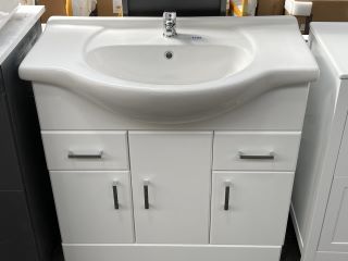 (COLLECTION ONLY) FLOOR STANDING 3 DOOR 2 DRAWER SEMI RECESSED SINK UNIT IN WHITE 850 X 480MM WITH 1TH CERAMIC BASIN COMPLETE WITH MONO BASIN MIXER TAP & CHROME SPRUING WASTE - RRP £820: LOCATION - A