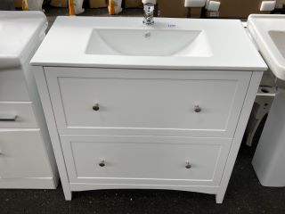 (COLLECTION ONLY) FLOOR STANDING 2 DRAWER SINK UNIT IN WHITE 810 X 400MM WITH 1TH CERAMIC BASIN COMPLETE WITH MONO BASIN MIXER TAP & CHROME SPRUING WASTE - RRP £820: LOCATION - A7