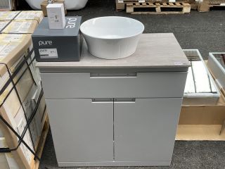 (COLLECTION ONLY) FLOOR STANDING 2 DOOR 1 DRAWER COUNTERTOP SINK UNIT IN GREY MIST AND OAK 805 X 450MM WITH A ROUND CERAMIC VESSEL BASIN COMPLETE WITH A WALL MOUNTED BASIN MIXER IN CHROME WITH SPRUNG