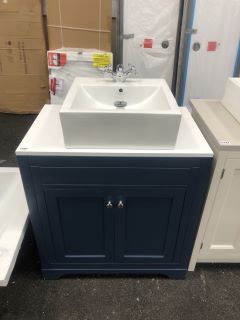 (COLLECTION ONLY) FLOOR STANDING 2 DOOR COUNTERTOP SINK UNIT IN ROYAL BLUE AND WHITE 800 X 510MM WITH A 1 TH CERAMIC BASIN COMPLETE WITH A TRADITIONAL CROSSHEAD MONO BASIN MIXER TAP AND SPRUNG WASTE