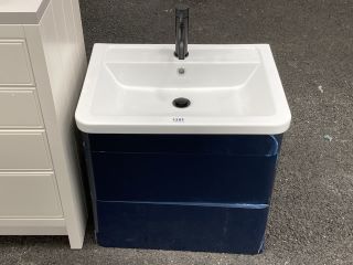 (COLLECTION ONLY) WALL HUNG 2 DRAWER SINK UNIT IN INDIGO WITH 610 X 460MM 1 TH CERAMIC BASIN COMPLETE WITH A BLACK MONO BASIN MIXER TAP AND SPRUNG WASTE (DRAWER FRONT NEEDS REDOING) RRP £725: LOCATIO