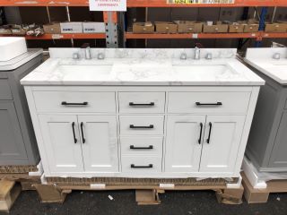 (COLLECTION ONLY) OVE DECORS FLOOR STANDING 4 DOOR 5 DRAWER TWIN SINK UNIT IN WHITE WITH A WHITE MARBLE EFFECT TWIN COUNTERTOP WITH BACKSPLASH PRE-DRILLED FOR 3TH BASIN MIXERS, TOP COMES COMPLETE WIT