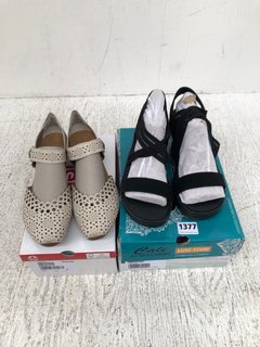2 X ASSORTED WOMENS FOOTWEAR IN SIZE UK6/6.5 TO INCLUDE SKECHERS RUMBLE WEDGE SANDALS IN BLACK: LOCATION - D10
