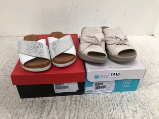 2 X ASSORTED WOMENS FOOTWEAR IN SIZE UK5 TO INCLUDE RUTH LANGSFORD FLAT SLIDER SANDALS IN SILVER/WHITE: LOCATION - D12