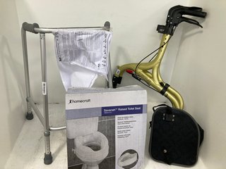3 X ASSORTED HOME CARE ITEMS TO INCLUDE FREESTYLE 3 WHEELED WALKER IN GOLD: LOCATION - WA6
