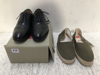 JOHN LEWIS & PARTNERS MENS GLYMPTON OXFORD LEATHER SHOES IN BLACK - UK SIZE: 8 TO INCLUDE MENS KHAKI SLIP ON SHOES - UK SIZE: 9: LOCATION - WA11