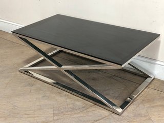 BLACK GLASS TOP COFFEE TABLE WITH STAINLESS STEEL FRAME - RRP £490: LOCATION - C2