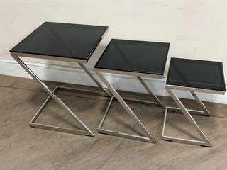 BLACK GLASS TOP NEST OF TABLES WITH STAINLESS STEEL FRAME - RRP £360: LOCATION - C2