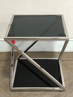 BLACK GLASS TOP LAMP TABLE WITH STAINLESS STEEL FRAME - RRP £270: LOCATION - C2