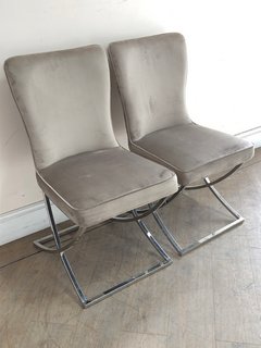 HUGO TAUPE VELVET UPHOLSTERED DINING CHAIRS WITH STAINLESS STEEL LEGS - RRP £349: LOCATION - C2