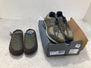 NEW BALANCE TRAINERS IN DARK MOSS SIZE: UK 10.5 TO INCLUDE GURUS SLIPPERS IN GREEN SIZE: EU 42: LOCATION - D3